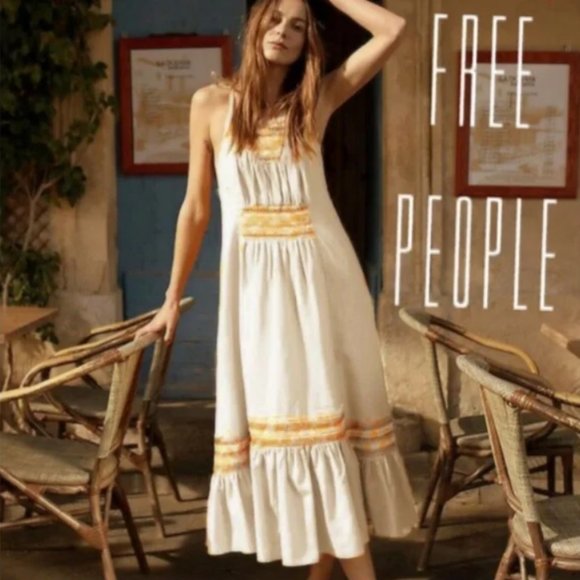 Free People Another Love Embroidered Linen Midi Dress, Size L, NWT - Picture 1 of 12